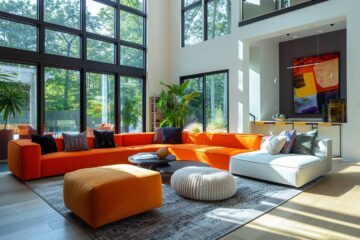 Concept moderne de salon spacieux mettant en avant l'harmonisation des couleurs de peinture dans une maison ouverte