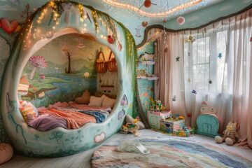 Chambre d'enfant colorée et écologique décorée avec des matériaux recyclés pour un espace de rêve